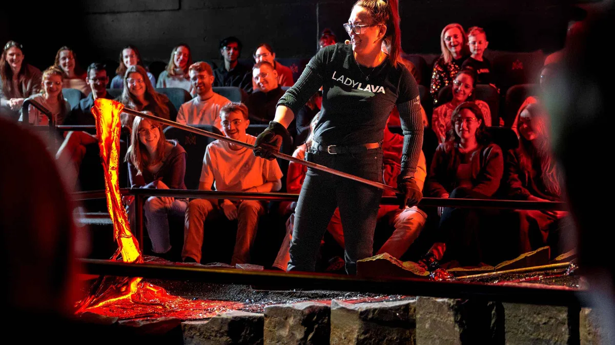 Molten lava poured in front of the audience at the Lava Show, an indoor Iceland volcano experience in Reykjavik