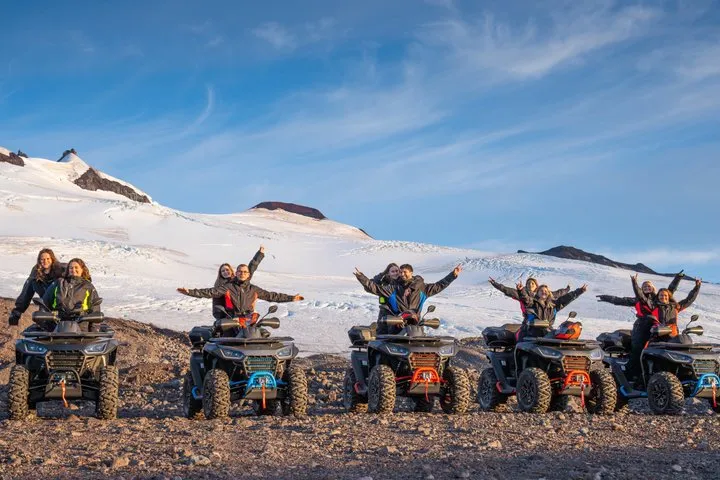 Quad bikes on the lava fields below Snaefellsjokull on an Iceland volcano tour