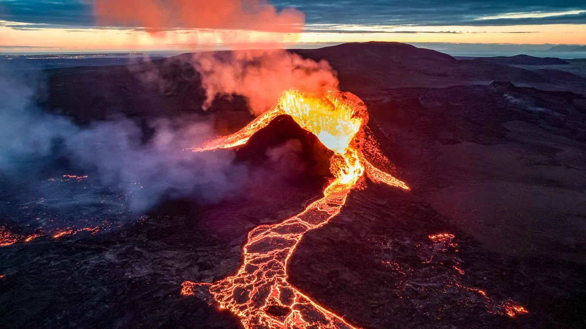 Helicopter view of the young Reykjanes lava field on an Iceland volcano tour from Reykjavik