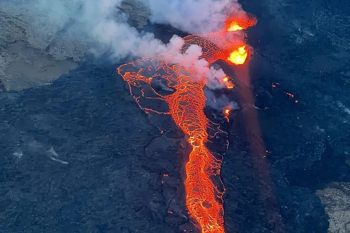 Helicopter above the Reykjanes lava field on an Iceland volcano helicopter tour from Reykjavik